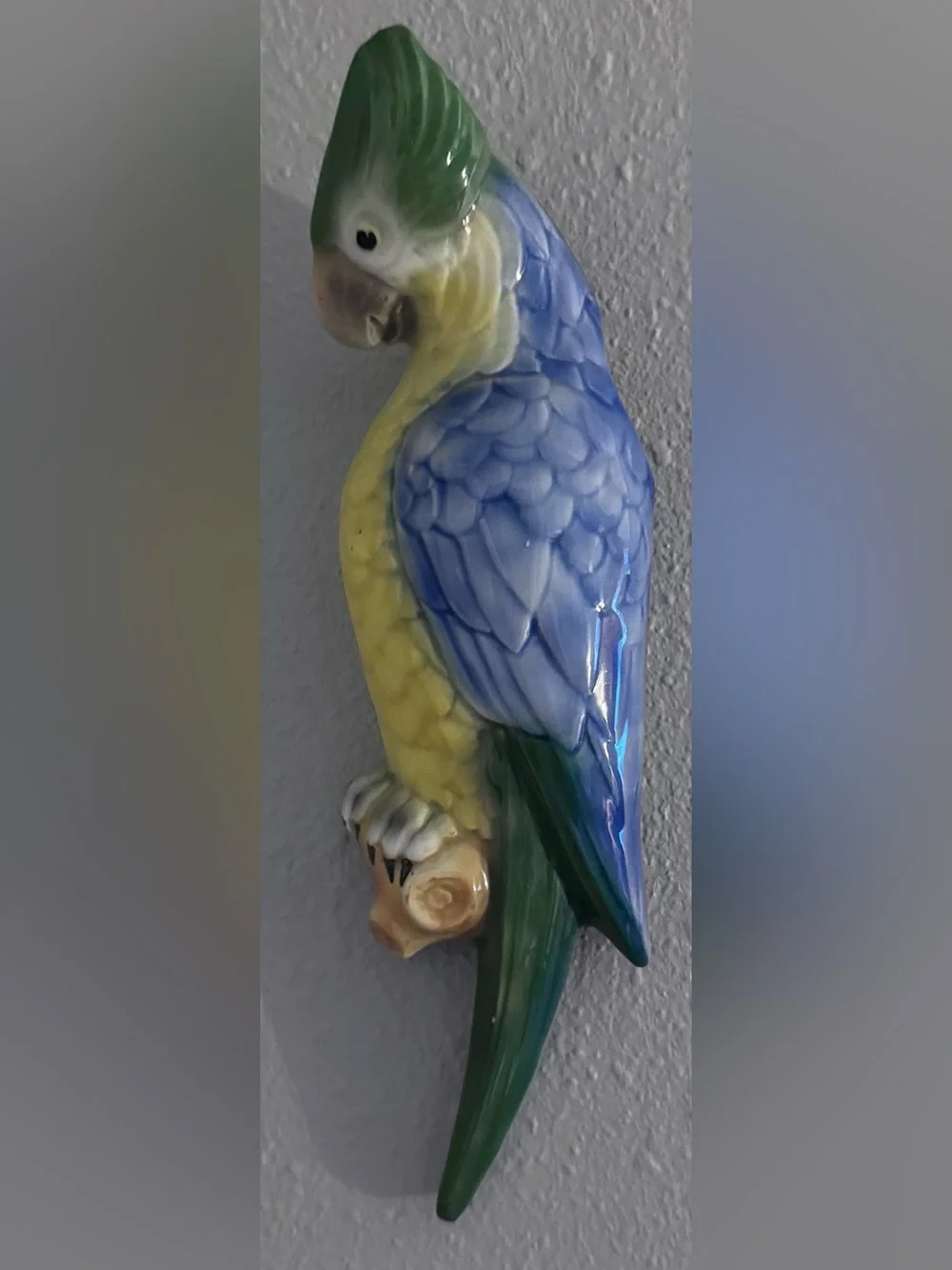 Pair of Vintage Hand-Painted Ceramic Parrot Wall Vases — Blue, Yellow & Green